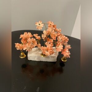 VTG Prosperity Tree Brass bells & light orange Fabric Flowers w/marble Base